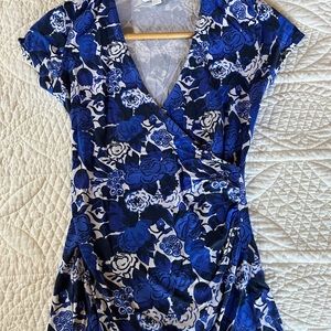 Boden Short Sleeve Blue & White Jersey Wrap Top